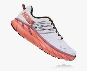 Hoka One One Women's Clifton 6 Wide Road Running Shoes White/Pink Canada Online [IRAJO-0489]